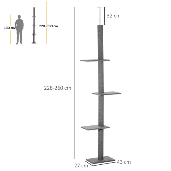 Buy 260cm Floor To Ceiling Cat Tree for Indoor Cats w/ Three Platforms Activity Centre - Grey, 3 image