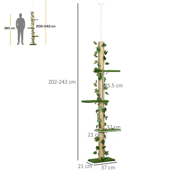 Buy 242cm Adjustable Floor-To-Ceiling Cat Tree, with Artificial Decoration, Perches, Anti-Slip Kit - Green, 3 image