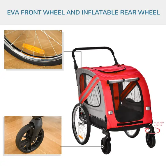 Buy 2-In-1 Dog Bike Trailer Pet Stroller with Universal Wheel Reflector Flag Red, 6 image