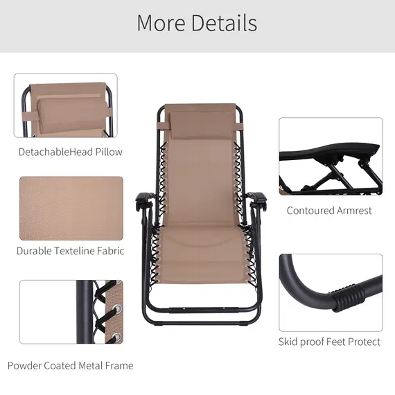 Buy Zero Gravity Chair Metal Frame Texteline Armchair Outdoor Folding and Reclining Sun Lounger with Head Pillow for Patio Decking Gardens Camping, Beige, 6 image
