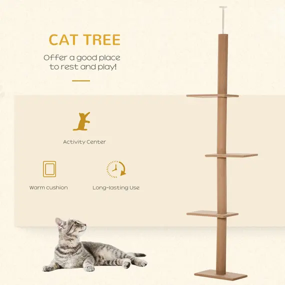 Buy 260cm Floor To Ceiling Cat Tree for Indoor Cats w/ Three Platforms Activity Centre - Brown, 4 image