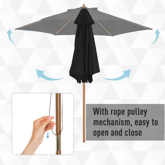 Buy Wooden Garden Umbrella Sun Shade with Top Vents, Bamboo Ribs and Sturdy Wood Pole, Black, 6 image