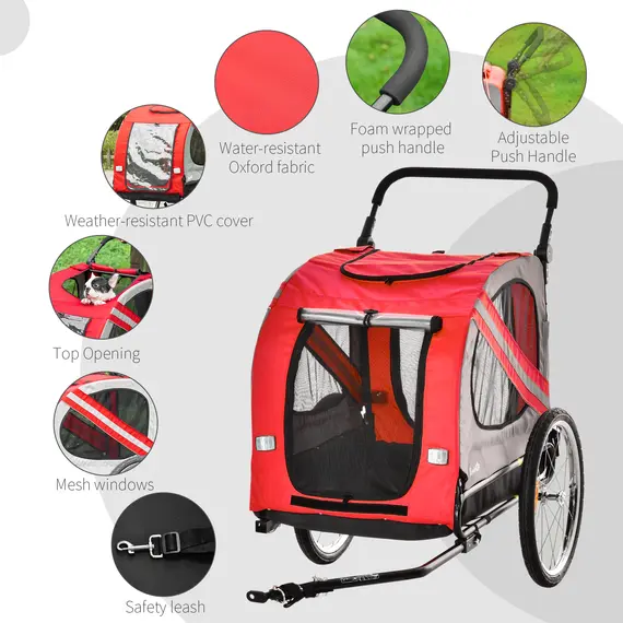 Buy 2-In-1 Dog Bike Trailer Pet Stroller with Universal Wheel Reflector Flag Red, 7 image