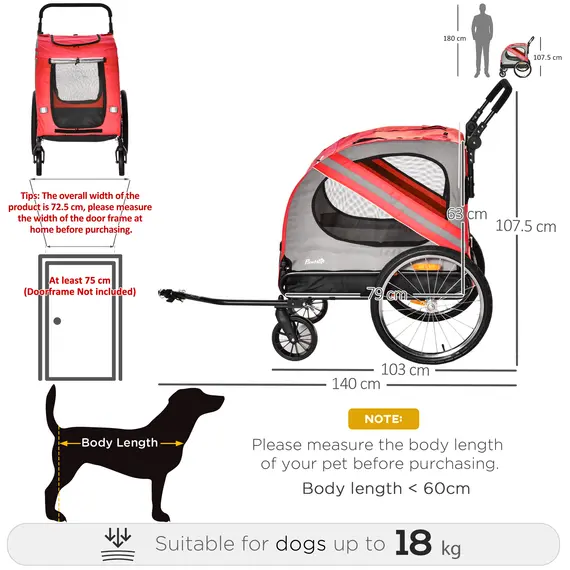 Buy 2-In-1 Dog Bike Trailer Pet Stroller with Universal Wheel Reflector Flag Red, 4 image