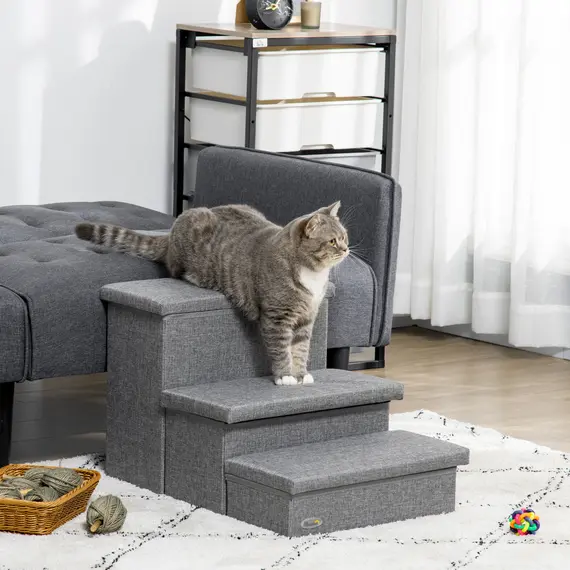Buy 3 Steps Pet Stairs, with Storage Boxes, for Bed, Couches - Grey, 2 image