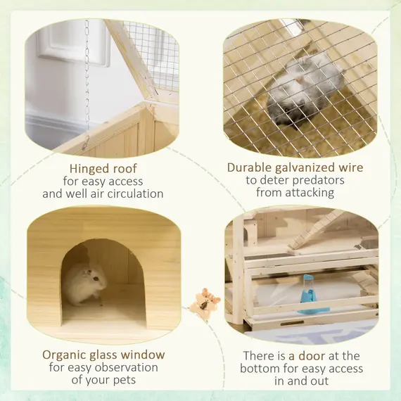 Buy 3 Tier Wooden Large Hamster Cage with Sliding Tray, Seesaws, Water Bottle, Natural, 7 image