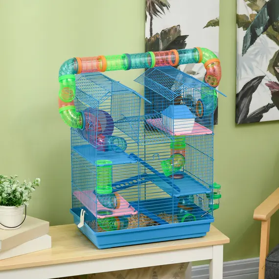 Buy 5 Tier Hamster Cage Carrier Habitat with Exercise Wheels Tunnel Tube Water Bottle Dishes House Ladder for Dwarf Mice, Blue, 2 image