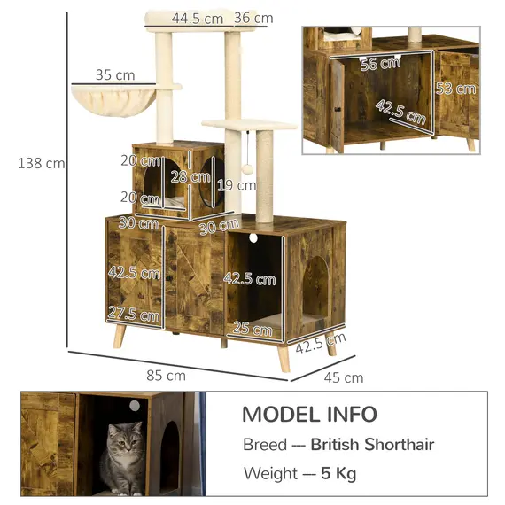 Buy Cat Litter Box Enclosure, with Tree Tower, Cat House, Hammock, Cushion - Rustic Brown, 3 image