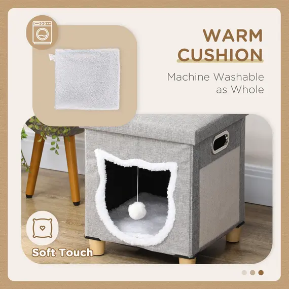 Buy Cat House Cave, Cat Bed Cube with Scratching Pad, Soft Detachable & Washable Cushion, Toy Ball, for Indoor Kittens, Grey, 6 image