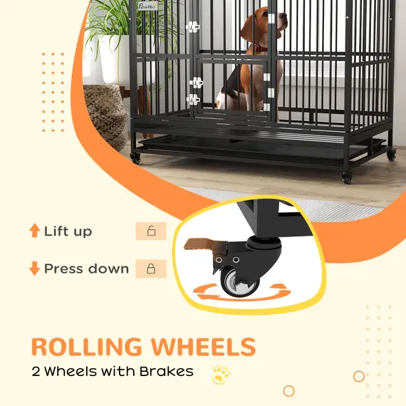 Buy 48" Heavy Duty Dog Crate on Wheels, with Removable Tray, Openable Top, for L, XL Dogs - Black, 5 image