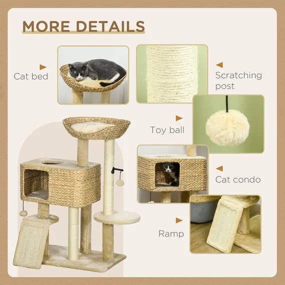 Buy 95cm Cat Tree Tower for Indoor Cats, with Scratching Post, Cat House, Toy Ball, Platform - Beige, 5 image