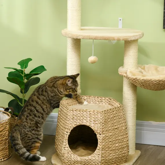Buy Cat Tree Activity Centre, with Cattail, Bed, Cat House, Sisal Post, Ball - Natural Tone, 9 image