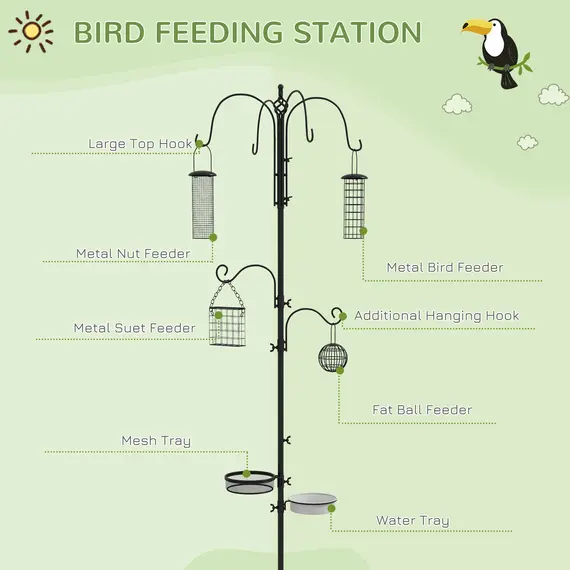 Buy Bird Feeding Station Kit, Wild Bird Feeder Pole with 6 Hooks, 4 Hanging Feeders for Peanuts, Seed, Fat Balls, for Garden, Outdoor, Black, 4 image