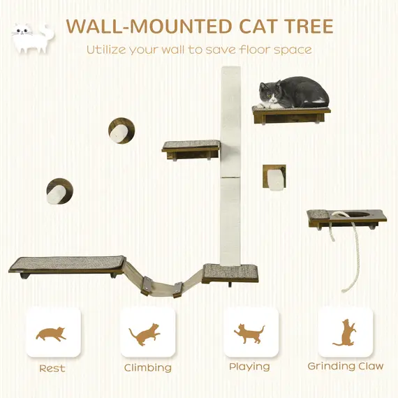 Buy 8Pcs Wall Mounted Cat Tree with Scratching Posts, Perches, Ladder, for Sleeping, Playing, Lounging - Brown, 4 image
