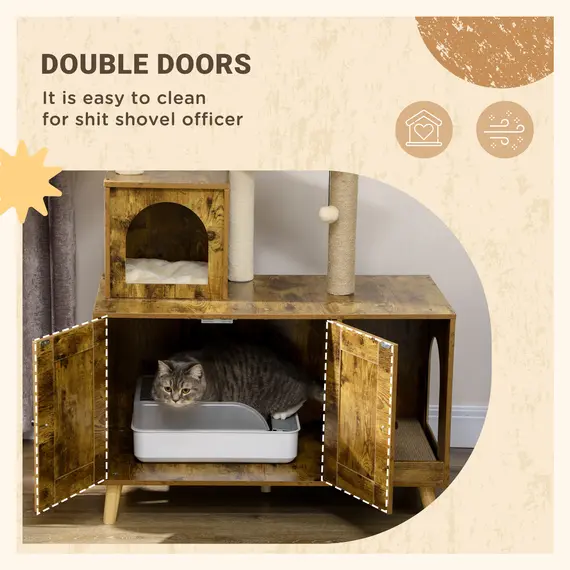 Buy Cat Litter Box Enclosure, with Tree Tower, Cat House, Hammock, Cushion - Rustic Brown, 6 image