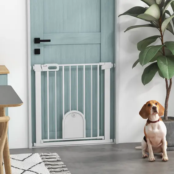 Buy 75-82cm Pet Safet Gaye, Pressure Fit Stair, with Cat Flap, Double Locking, White, 9 image