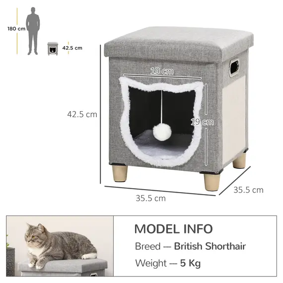 Buy Cat House Cave, Cat Bed Cube with Scratching Pad, Soft Detachable & Washable Cushion, Toy Ball, for Indoor Kittens, Grey, 3 image