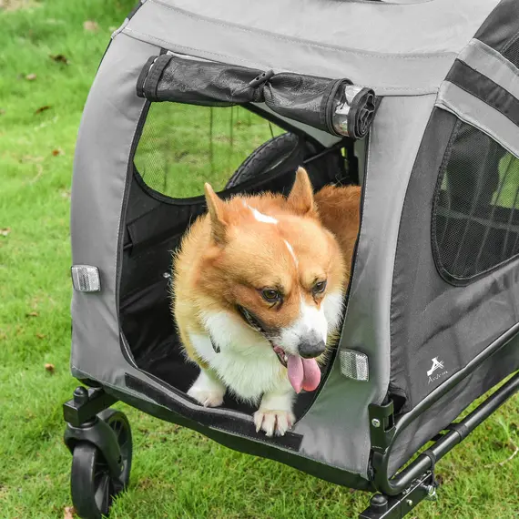 Buy 2-In-1 Pet Bike Trailer Dog Stroller Pushchair with Universal Wheel Reflector Flag Grey, 3 image