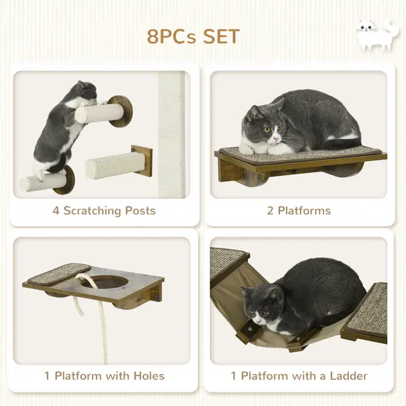 Buy 8Pcs Wall Mounted Cat Tree with Scratching Posts, Perches, Ladder, for Sleeping, Playing, Lounging - Brown, 5 image