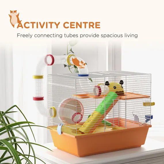 Buy 3 Tiers Gerbil Cage, Hamster Cage with Tubes, Exercise Wheel, Ladder, Top Handle, 45 x 28 x 37cm - Orange, 4 image