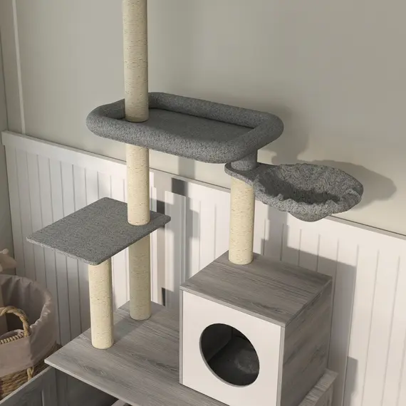 Buy 2-in-1 Floor-To-Ceiling Cat Tree with Hidden Litter Box, for Indoor Use - Grey, 8 image