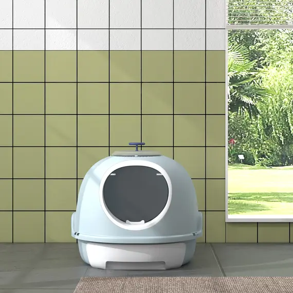 Buy Cat Litter Box Toilet with Litter Scoop Enclosed Drawer, Front Entry Top Exit, Easy To Clean Blue, 7 image