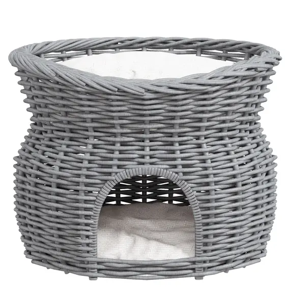 Buy 2-Tier Wicker Cat House Elevated Pet Bed Basket Willow Kitten Tower Pet Den. with Washable Cushions 56x37x40cm Grey, 7 image