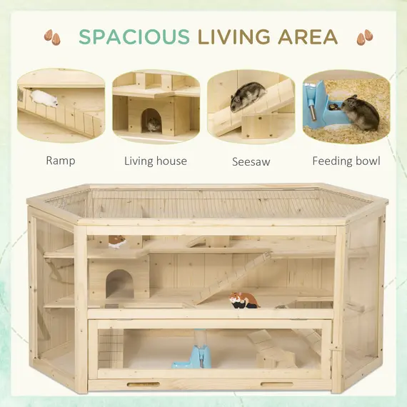 Buy 3 Tier Wooden Large Hamster Cage with Sliding Tray, Seesaws, Water Bottle, Natural, 4 image