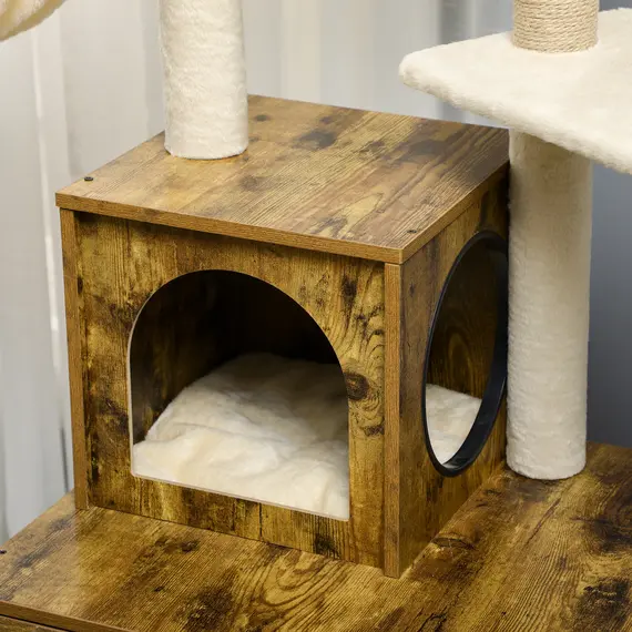 Buy Cat Litter Box Enclosure, with Tree Tower, Cat House, Hammock, Cushion - Rustic Brown, 9 image