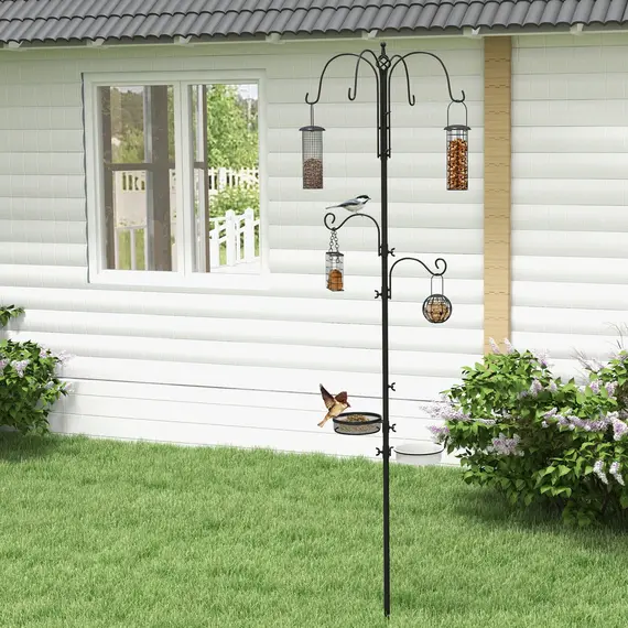 Buy Bird Feeding Station Kit, Wild Bird Feeder Pole with 6 Hooks, 4 Hanging Feeders for Peanuts, Seed, Fat Balls, for Garden, Outdoor, Black, 2 image