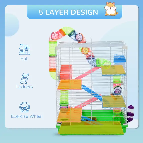 Buy 5 Tier Hamster Cage Carrier Habitat w/ Exercise Wheels, Tunnel, Green, 6 image