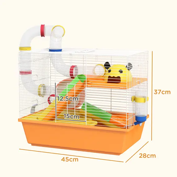 Buy 3 Tiers Gerbil Cage, Hamster Cage with Tubes, Exercise Wheel, Ladder, Top Handle, 45 x 28 x 37cm - Orange, 3 image