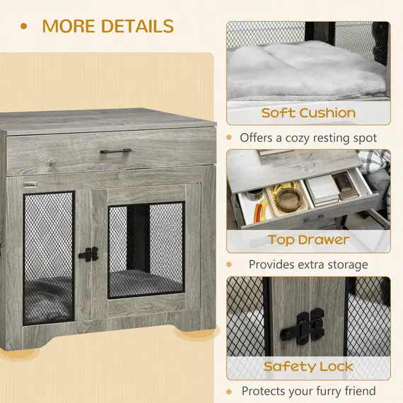 Buy Dog Cage End Table with Two Doors, Drawer, for Medium Dogs - Grey, 6 image