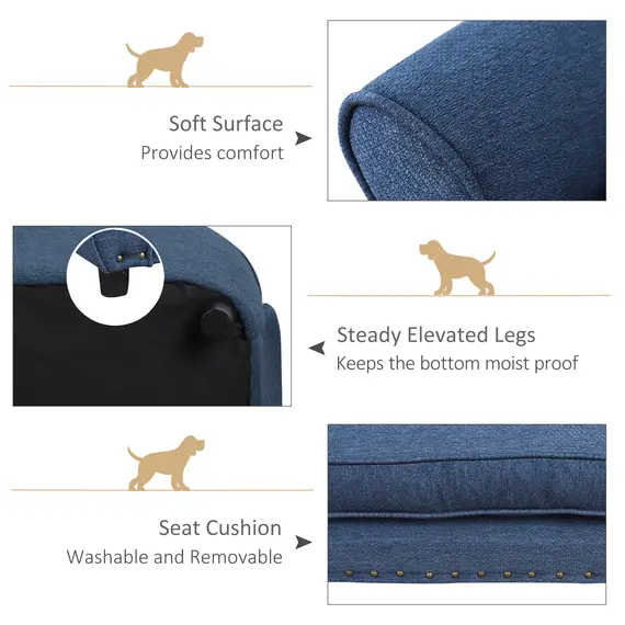 Buy Dog Sofa for XS and S Size Dogs, Pet Chair Couch with Thick Sponge Padded Cushion, Kitten Lounge Bed with Washable Cover, Wooden Frame - Blue, 6 image
