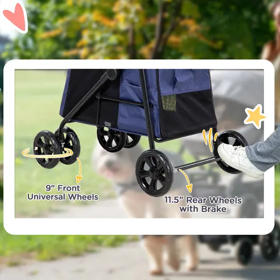 Buy Dog Pram Dog Stroller 4 Wheels Pet Pushchair with Rolling Door, Cushion, Safety Leashes, for Small and Medium Dogs, Dark Blue, 6 image