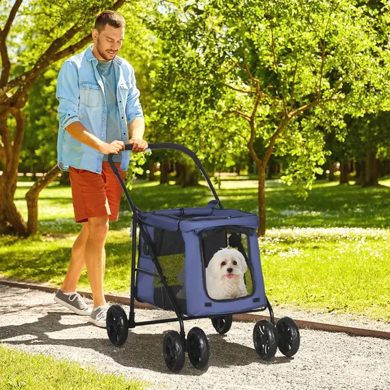Buy Dog Pram Dog Stroller 4 Wheels Pet Pushchair with Rolling Door, Cushion, Safety Leashes, for Small and Medium Dogs, Dark Blue, 2 image