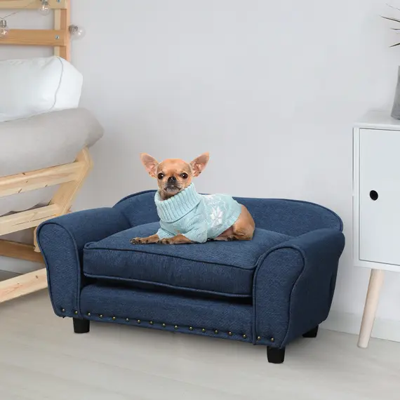 Buy Dog Sofa for XS and S Size Dogs, Pet Chair Couch with Thick Sponge Padded Cushion, Kitten Lounge Bed with Washable Cover, Wooden Frame - Blue, 2 image