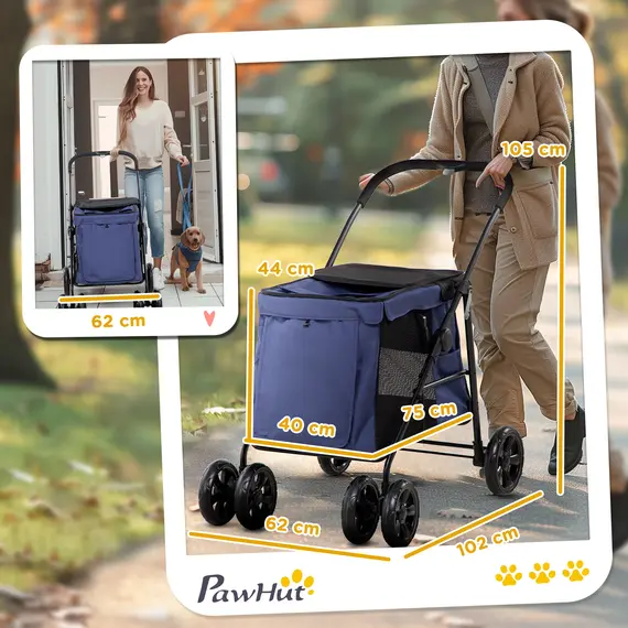 Buy Dog Pram Dog Stroller 4 Wheels Pet Pushchair with Rolling Door, Cushion, Safety Leashes, for Small and Medium Dogs, Dark Blue, 3 image