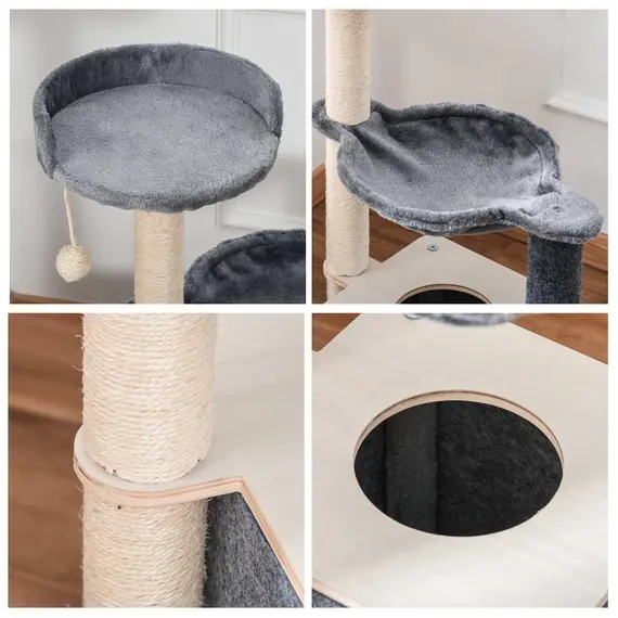 Buy Cat Tree for Indoor Cats 95cm Climbing Tower Kitten Activity Center with Sisal Scratching Post Perch Roomy Condo Hammock Removable Felt Hanging Toy, Grey, 8 image
