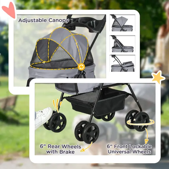 Buy Dog Pram Dog Stroller Foldable Pet Pushchair with 4 Wheels, Safety Leashes, Cup Holder for Small Dogs, Grey, 6 image