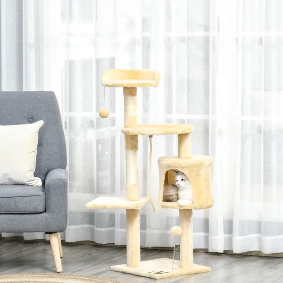 Buy Cat Tree for Indoor Cats Pet Activity Centre Kitty Condo Climbing Scratching Post with Toys 4-tier 114cm Tall Beige, 2 image