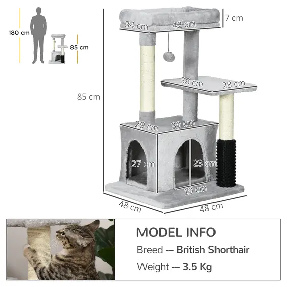 Buy Cat Tree for Indoor Cats Climbing Tower Kitten Scratch Post Activity Center Kitten with Massage Toy Hanging Ball Bed Condo Perch 48 x 48 x 85cm Grey, 3 image