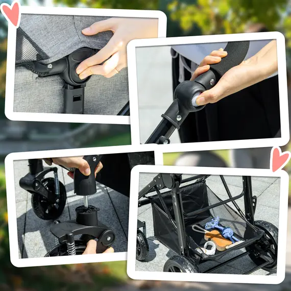 Buy Dog Pram Pet Stroller for Small Dogs Cats, Foldable Dog Pushchair Trolley with Detachable Pet Carrier Bag, Shock Absorber, Adjustable Handlebar, Grey, 8 image