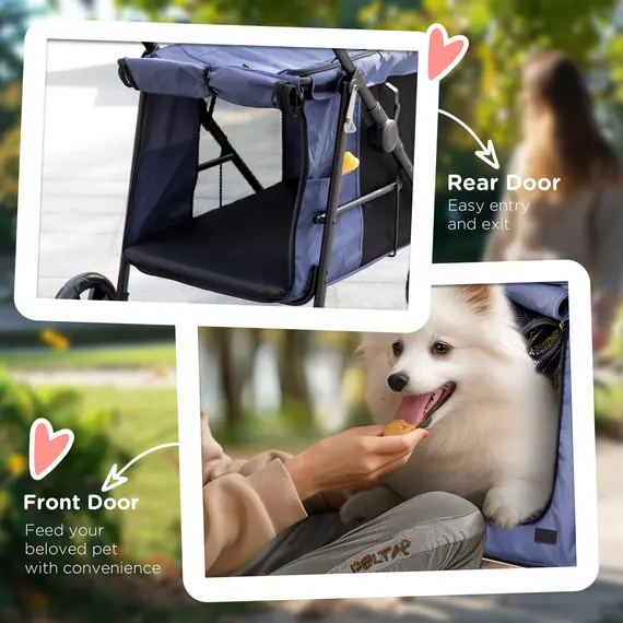Buy Dog Pram Dog Stroller 4 Wheels Pet Pushchair with Rolling Door, Cushion, Safety Leashes, for Small and Medium Dogs, Dark Blue, 7 image