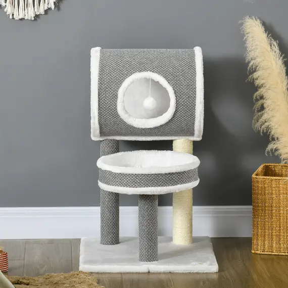 Buy Cat Tree for Indoor Cats, with Scratching Post, Bed, Tunnel, Toy Ball, 48 x 48 x 73cm - White, 9 image