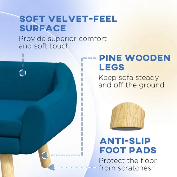 Buy Dog Couch with Soft Cushion, Pet Sofa Bed with Wooden Frame, Removable Cover, for Medium and Large Dogs, Blue, 6 image