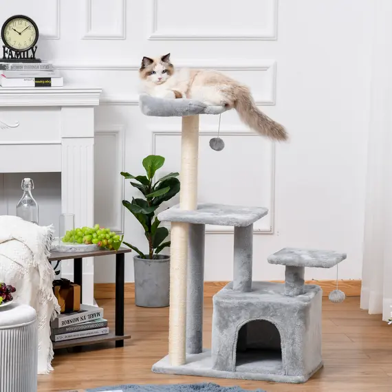 Buy Cat Tree Tower for Indoor Cats 114cm Climbing Activity Centre Kitten with Sisal Scratching Post Perch Hanging Ball Condo Toy Light Grey, 2 image