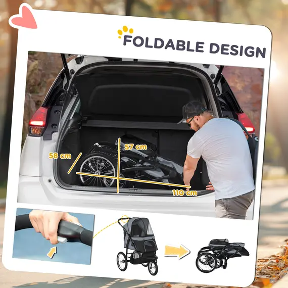 Buy Dog Pram Dog Stroller Jogger Foldable Pet Pushchair for Medium, Small Dogs, w/ Rubber Wheels, Washable Cushion - Grey, 6 image