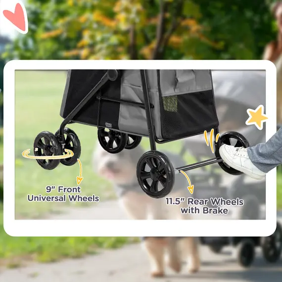 Buy Dog Pram Dog Stroller 4 Wheels Pet Pushchair with Rolling Door, Cushion, Safety Leashes, for Small and Medium Dogs, Grey, 6 image
