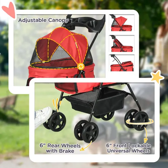 Buy Dog Pram Dog Stroller Foldable Pet Pushchair with 4 Wheels, Safety Leashes, Cup Holder for Small Dogs, Red, 6 image